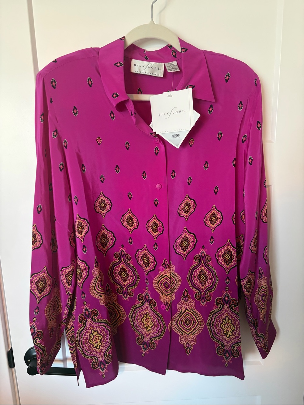 NWT: Silk Lore Magenta Printed Button-Down Shirt - 100% silk